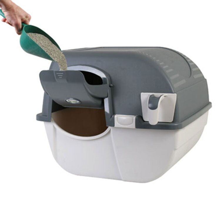 Omega Paw Easy Fill Roll N Clean No Scoop Self Cleaning Cat Litter Box Gray